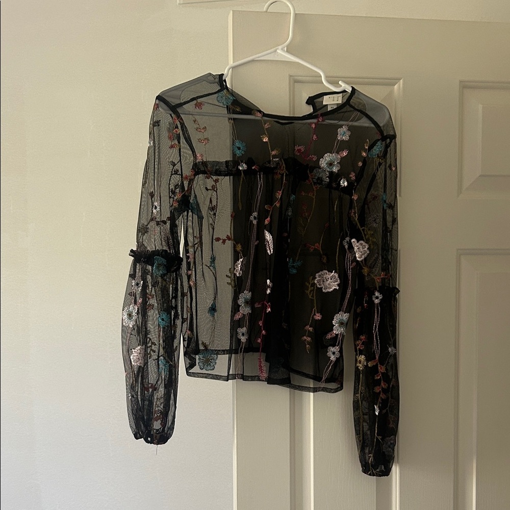 Floral Embroidered Sheer Black Top